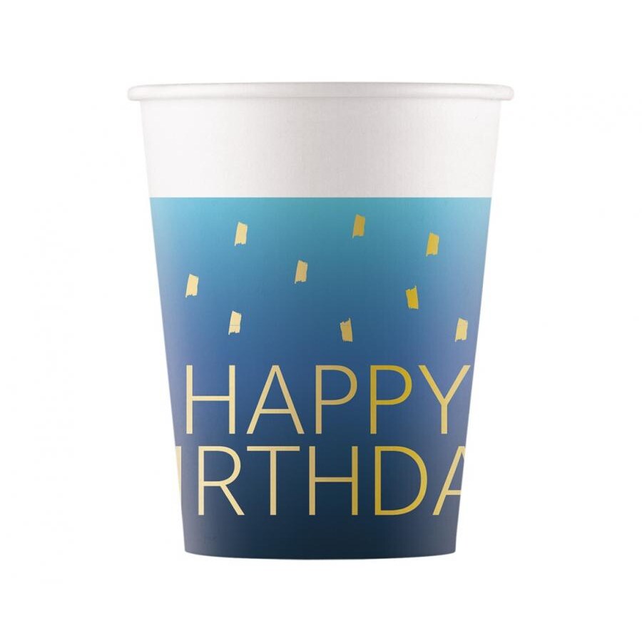 8 Becher Happy Birthday blau & gold