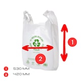 thumbnail of Bolsa blanca con impresión tipo camiseta de plástico HPDE reciclada 50-70%, medidas 420 x 530 mm paquete de 50 unds. SKU 14709