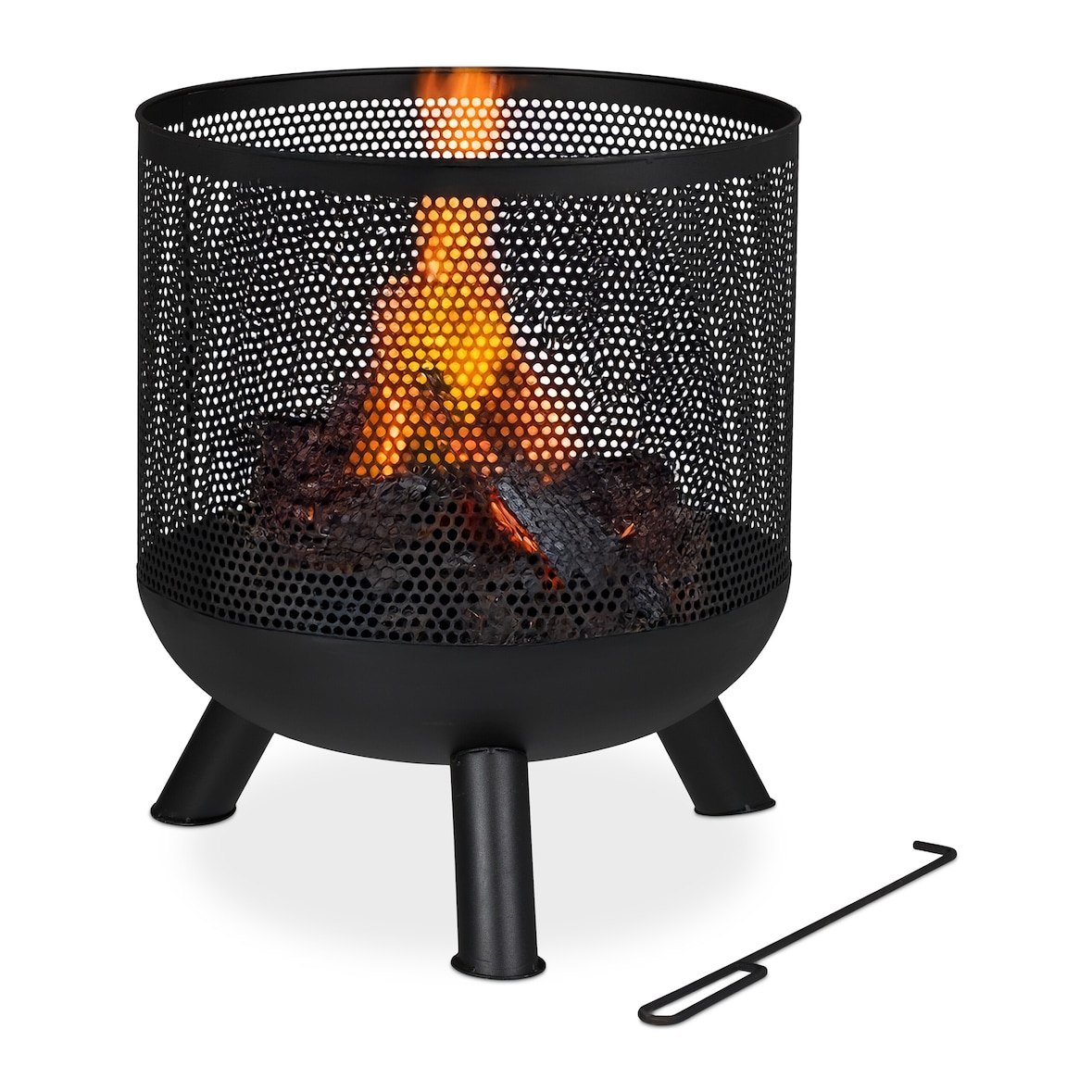 Relaxdays Feuerkorb, Mesh Design, Feuerrost, Schürhaken, Feuer im Garten, Feuertonne, Stahl, HxD: 53 x 44 cm, schwarz