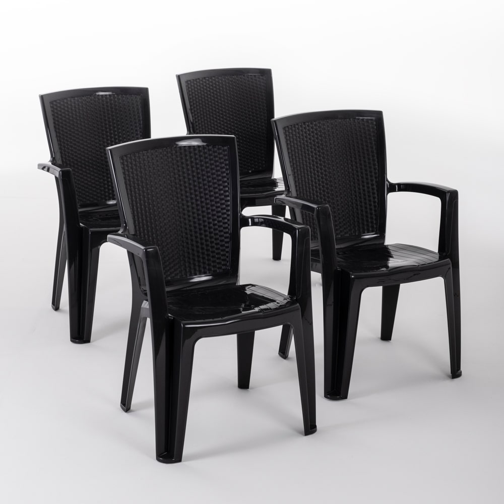 Set de 4 chaises monobloc en polypropylène avec fibre de verre, effet rotin, empilables pour extérieur et jardin, bar et restaurant - Diana - Noir