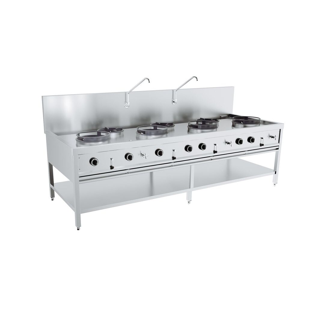 Combisteel gas woktafel met 7 branders en onderstel 2500x900x750mm