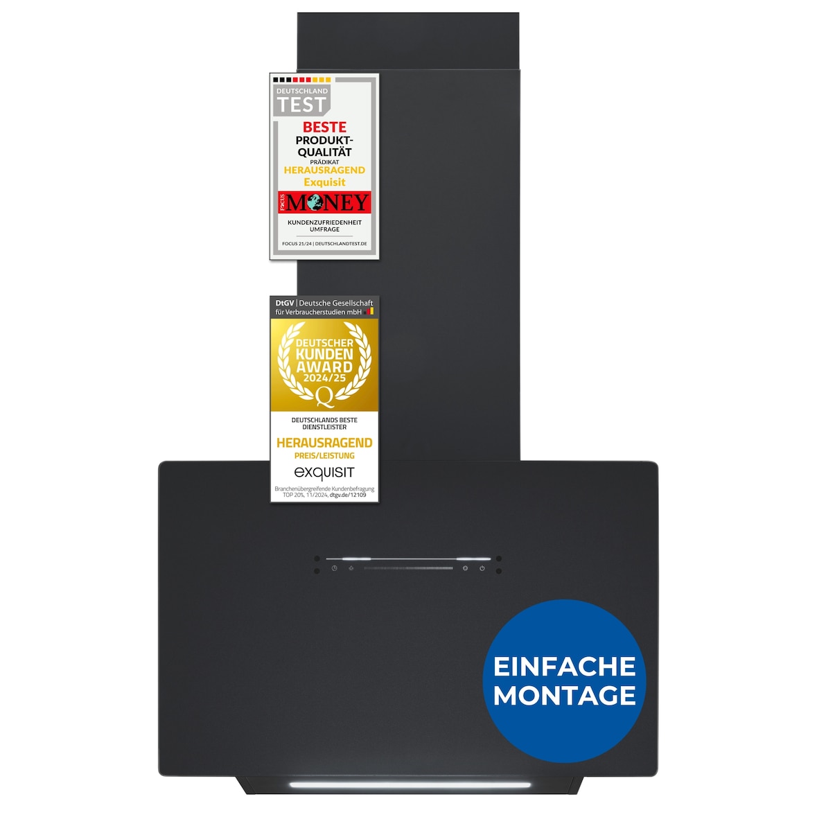 Exquisit Dunstabzugshaube 60cm, Touch-Bedienung, Gestensteuerung, Metallfettfilter, LED-Beleuchtung, Abluft, Umluft, KFD603-120 mattschwarz