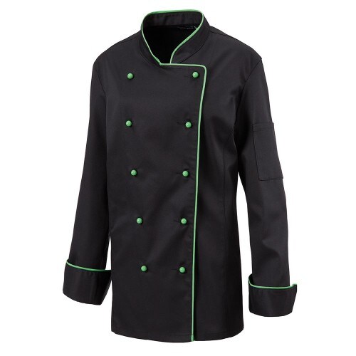 219 - Damenkochjacke langarm, taillert, Fb. schwarz, mit farbiger Paspel : lemon green 65% Polyester 35%Baumwolle 220 g/m² L