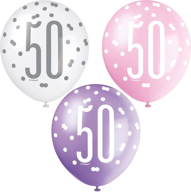 6 Luftballons rosa & silber Zahl 50