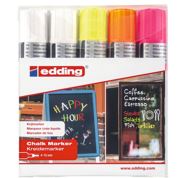 EDDING E-4090 Marqueurs craie liquide pointe ogive 4-15mm. Assortis: 2 Blancs, 1 Jaune, 1 Orange, 1 Rose.