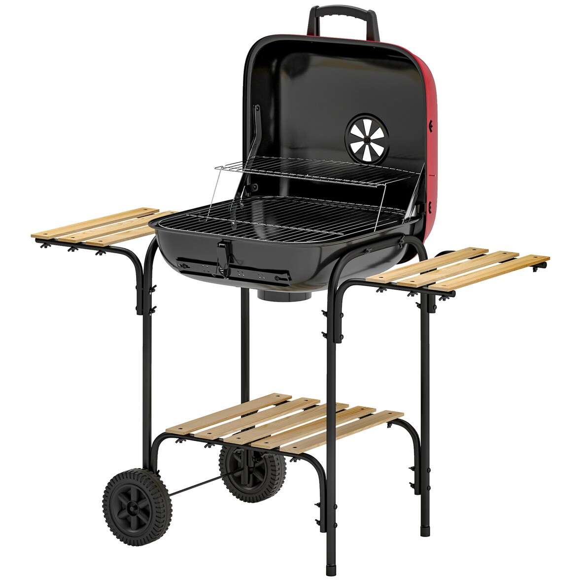 Outsunny Barbecue a Carbone con 3 Ripiani, Ruote e Coperchio Rosso
