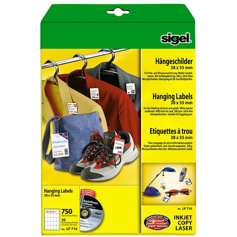 sigel Hängeschilder, 27 x 40 mm (A4), weiß, 200 g/qm, MP