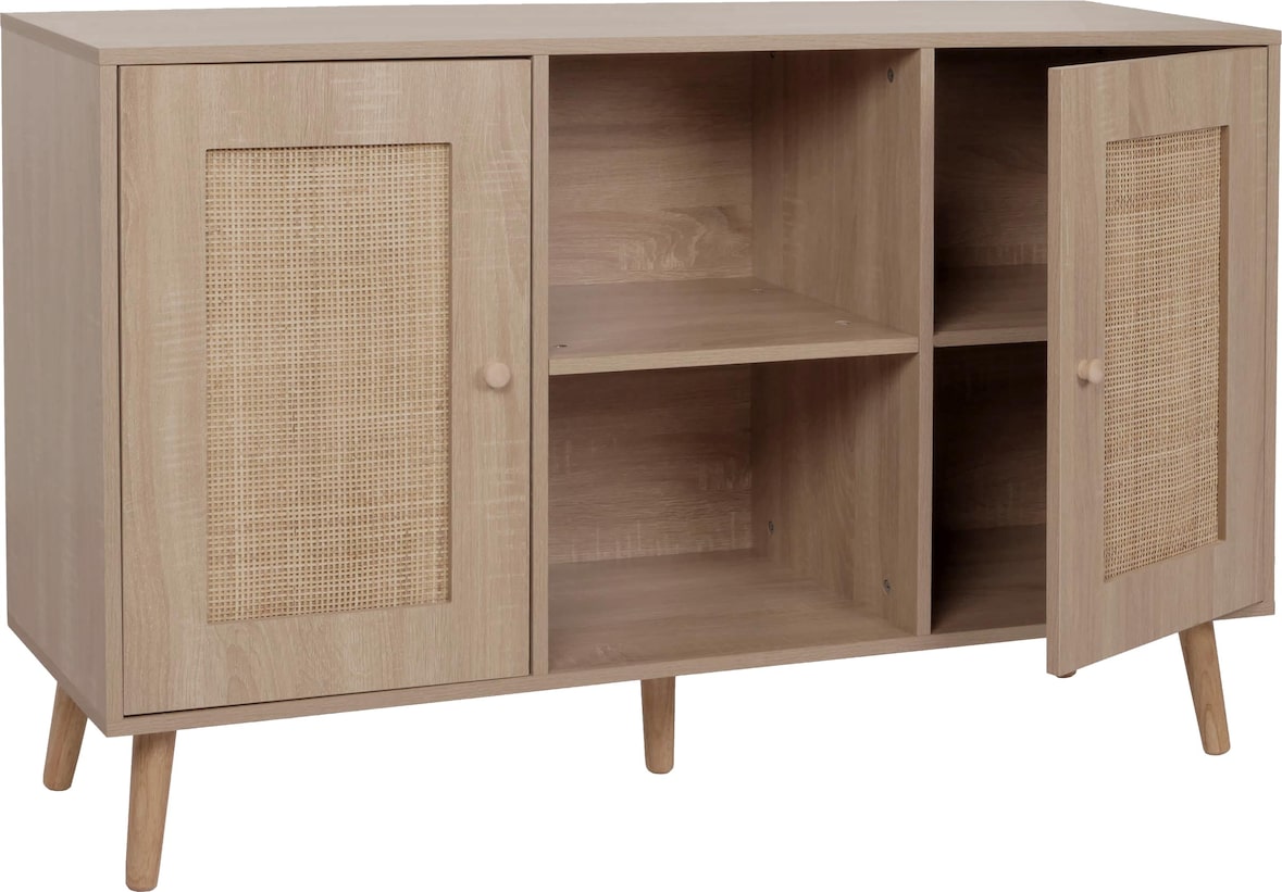 Sideboard HWC-M42, Schrank Kommode Highboard, Staufächer, Kubu Rattan Holz Melamin, Eiche-Optik