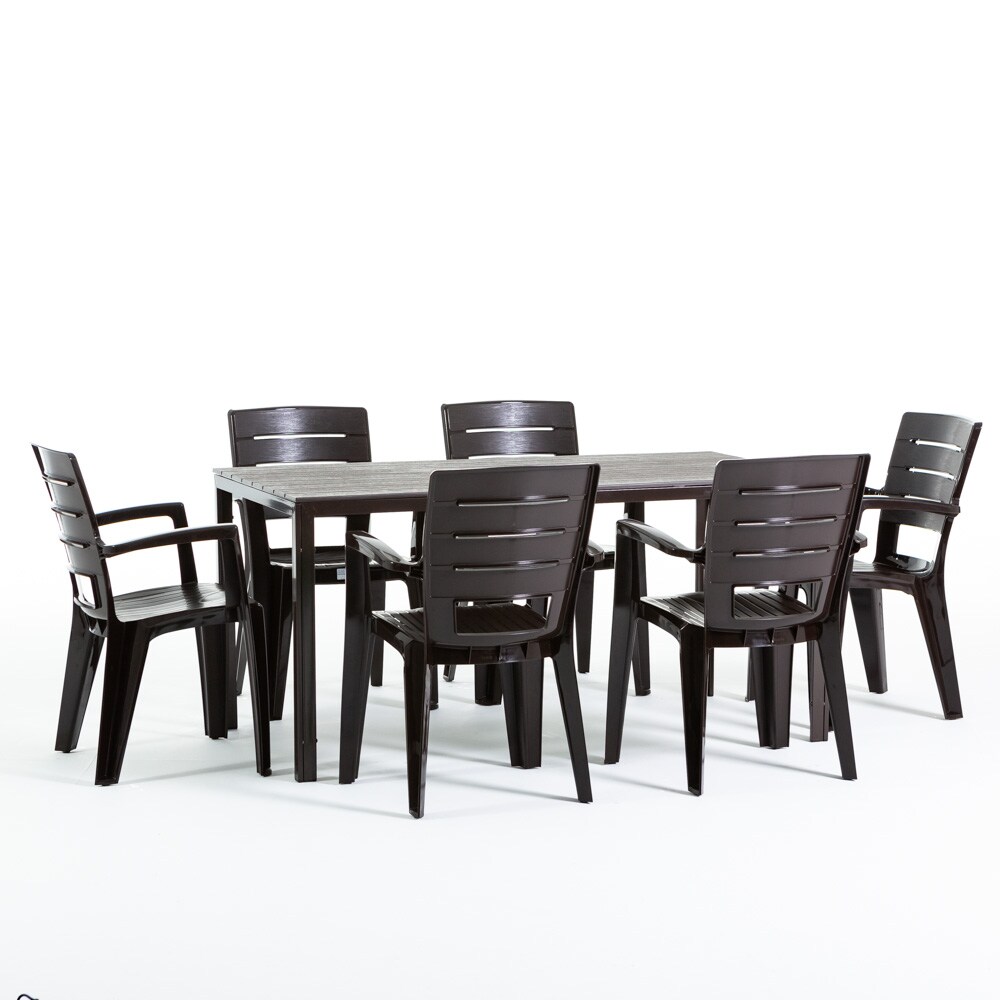 Ensemble table et 6 chaises de jardin, table rectangulaire avec structure en acier et chaises en résine avec accoudoirs, empilables –Thomas+Anita/Noir