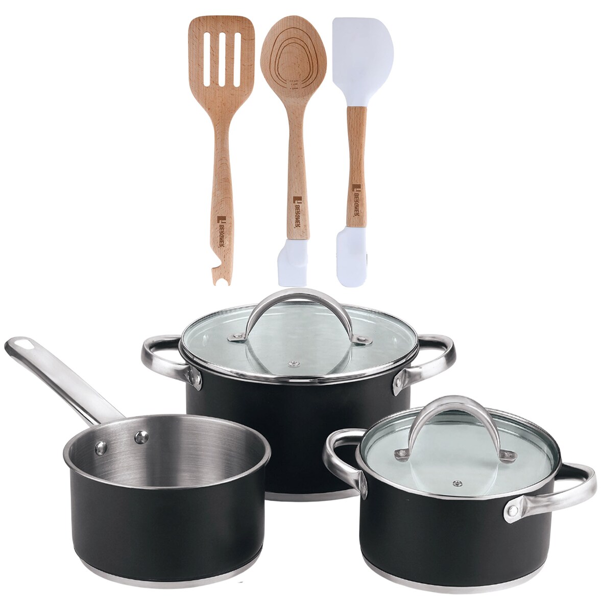 BERGNER - Batería de cocina 5 pcs 16/18/20cm en acero inoxidable apta para inducción con Set 3 utensilios en silicona y madera