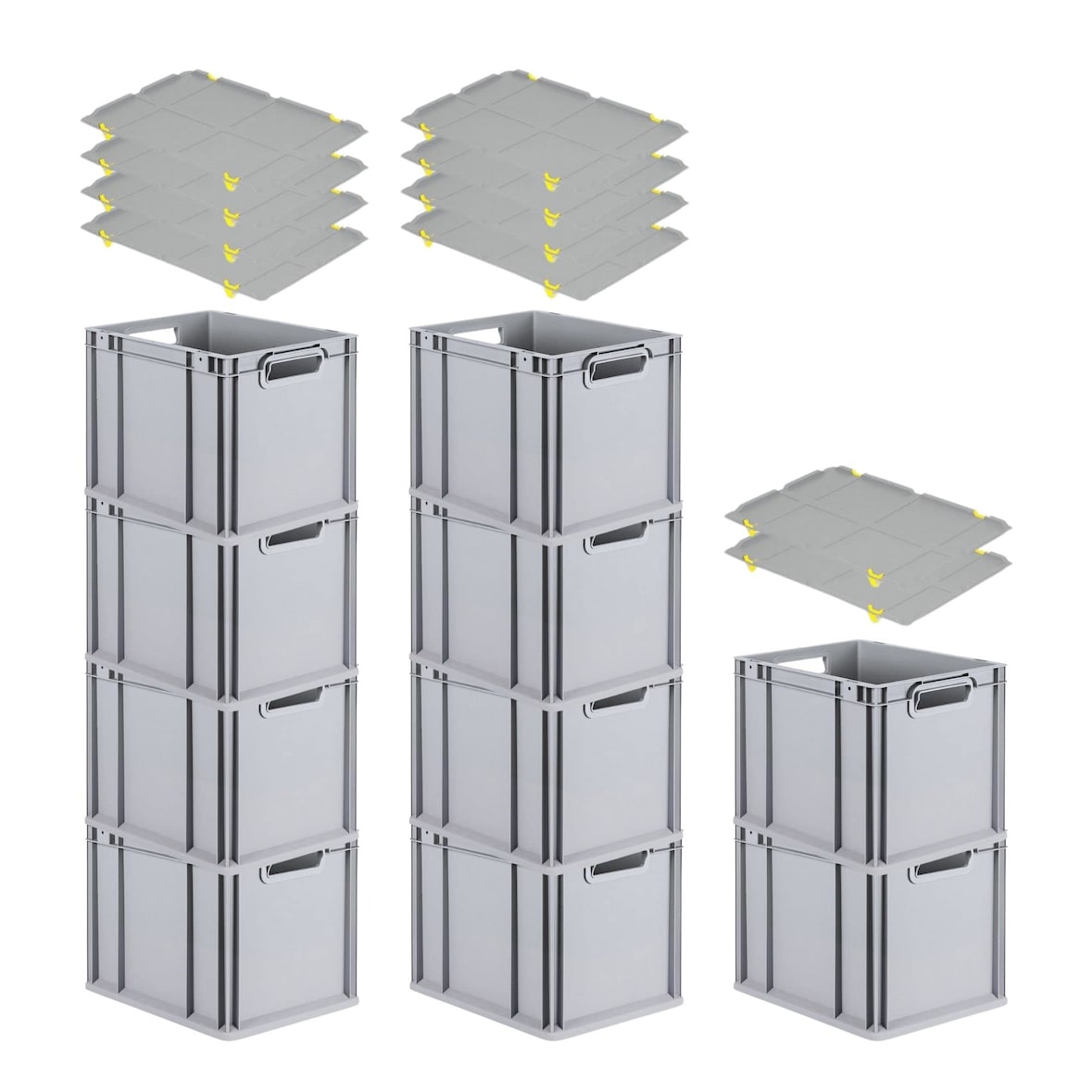 PROREGAL SparSet 10x Eurobox NextGen Economy mit Auflagedeckel & 4x Verschlüsse Gelb, Griffe offen, HxBxT 32x30x40cm, 30L, Eurobehälter, Box