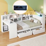 thumbnail of L-förmiges Holz-Plattformbett 90x200 mit Schreibtisch und Bücherregal, platzsparendes Tagesbett, multifunktionales Bettgestell, modernes Design, Weiß