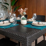 thumbnail of Set pranzo da giardino Tavolo rettangolare 130x75 con 4 Sedie Impilabili in Polipropilene Effetto Rattan e Piano Effetto Legno Omar/Amira-Nero