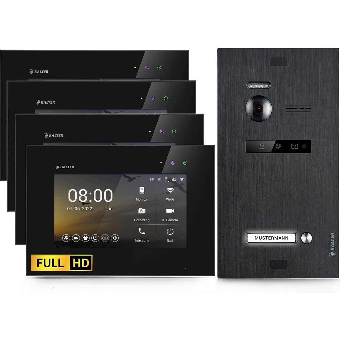 HD Video Türsprechanlage mit Smartphone App für 1 Familienhaus, 4x Monitor, Balter EVO HD WLAN Black