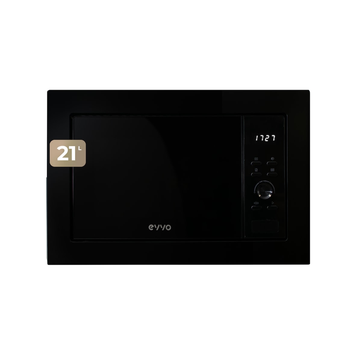 EVVO Microondas integrable Mi30 Black, 21L de Capacidad, Grill 1000W, Puerta y Marcos Efecto Brillante, Multifunción, Función Descongelar