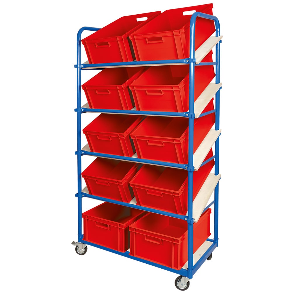 Schrägboden-Regalwagen mit 5 Ebenen, BxTxH 1050x500x1880 mm, 4 Lenkrollen, 2 Rollen mit Feststellbremse mit 10 Euroboxen BxTxH 600x400x220 mm