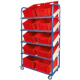 thumbnail of Schrägboden-Regalwagen mit 5 Ebenen, BxTxH 1050x500x1880 mm, 4 Lenkrollen, 2 Rollen mit Feststellbremse mit 10 Euroboxen BxTxH 600x400x220 mm