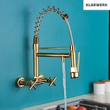 thumbnail of Björn | Herraje de pared para gastronomía dorado brillante Grifo  cocina profesional de acero inoxidable con dos duchas|doble lavabo pared restaurante