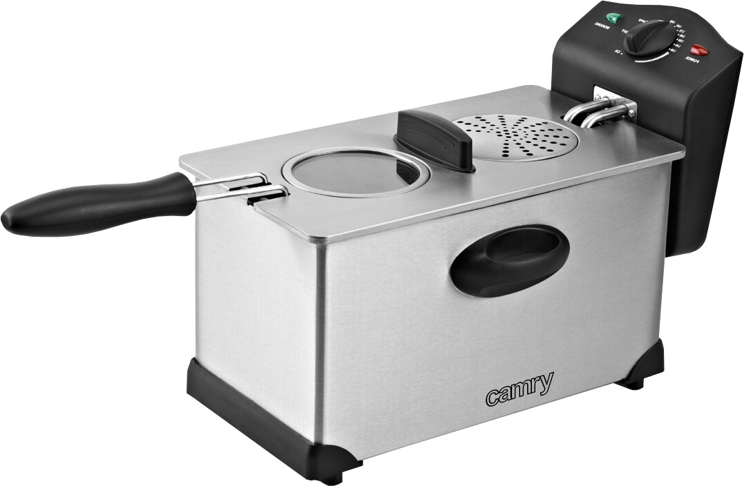 Camry CR 4909 Freidora Eléctrica Compacta, 3 L, Cubeta Desmontable Lavable, Antiadherente, Regulador Temperatura, 2000W, Argento