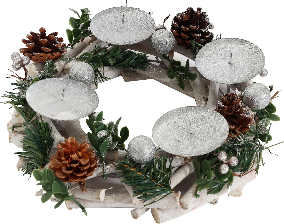 Adventskranz HWC-M12, Adventsgesteck Tischkranz Weihnachtsdeko Tischdeko Holz silber weiß Ø 30cm ~ ohne Kerzen