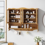 thumbnail of Hängeschrank Wandschrank Massivholz+Glas Natur 100x20x80 cm mit 4 Türen, herausnehmbaren Einlegeböden, Hakenleiste und offenem Fach