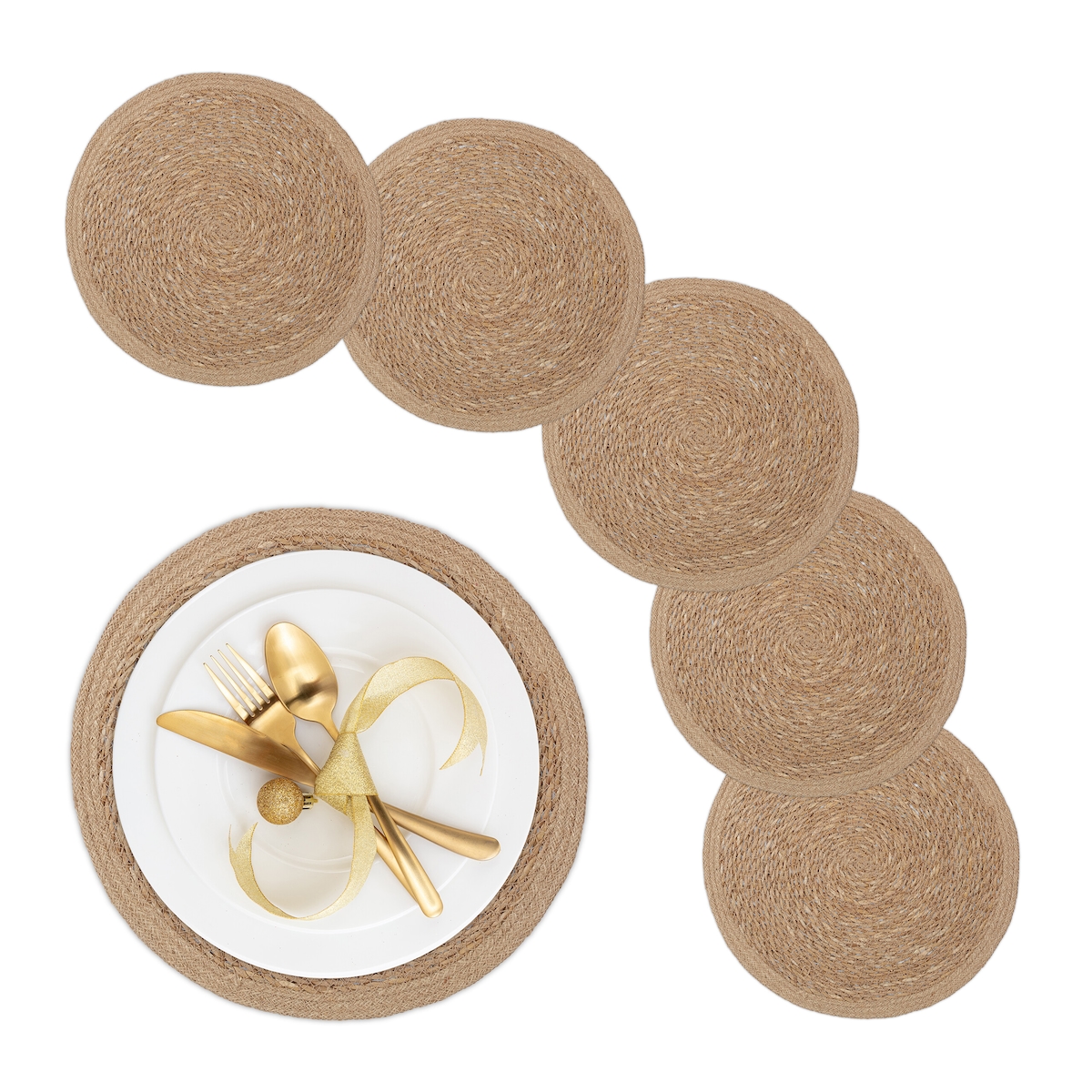 Relaxdays Tischset 6-teilig, für Esstisch, aus Wasserhyazinthe, Platzdecken, runde Telleruntersetzer, Ø 37 cm, natur