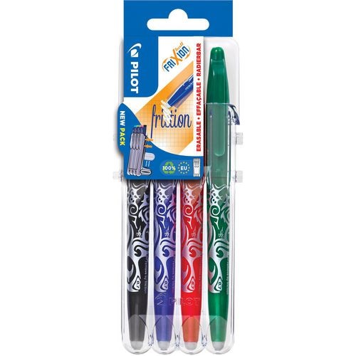 PILOT Evolutive Set de 4 rollers FriXion Ball pointe moyenne 0,7mm. Assortis Noir, Bleu, Rouge, Vert