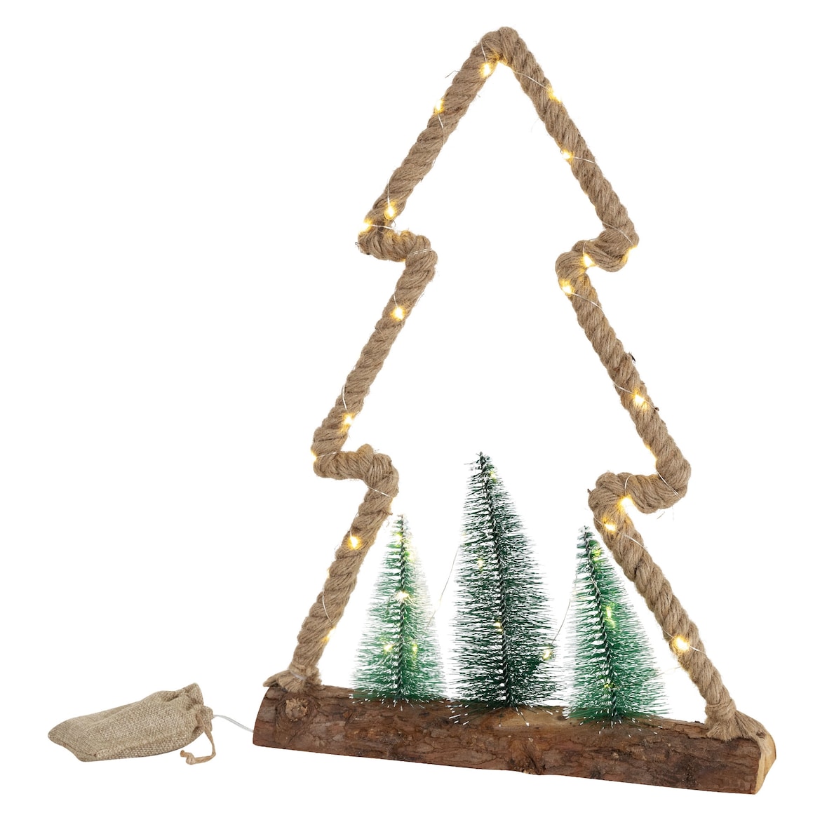 ECD Germany LED-Jute-Baum 35x6,5x45 cm mit 45 warmweißen LEDs, Deko Weihnachtsbaum aus Seil mit 3 Tannen & Jutesäckchen, batteriebetrieben mit Timer,