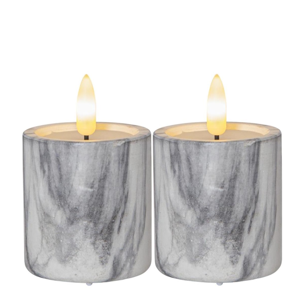 LED Stumpenkerze Marmoroptik Zement/Wachs natürliche Flamme Timer H: 9cm 2er Set
