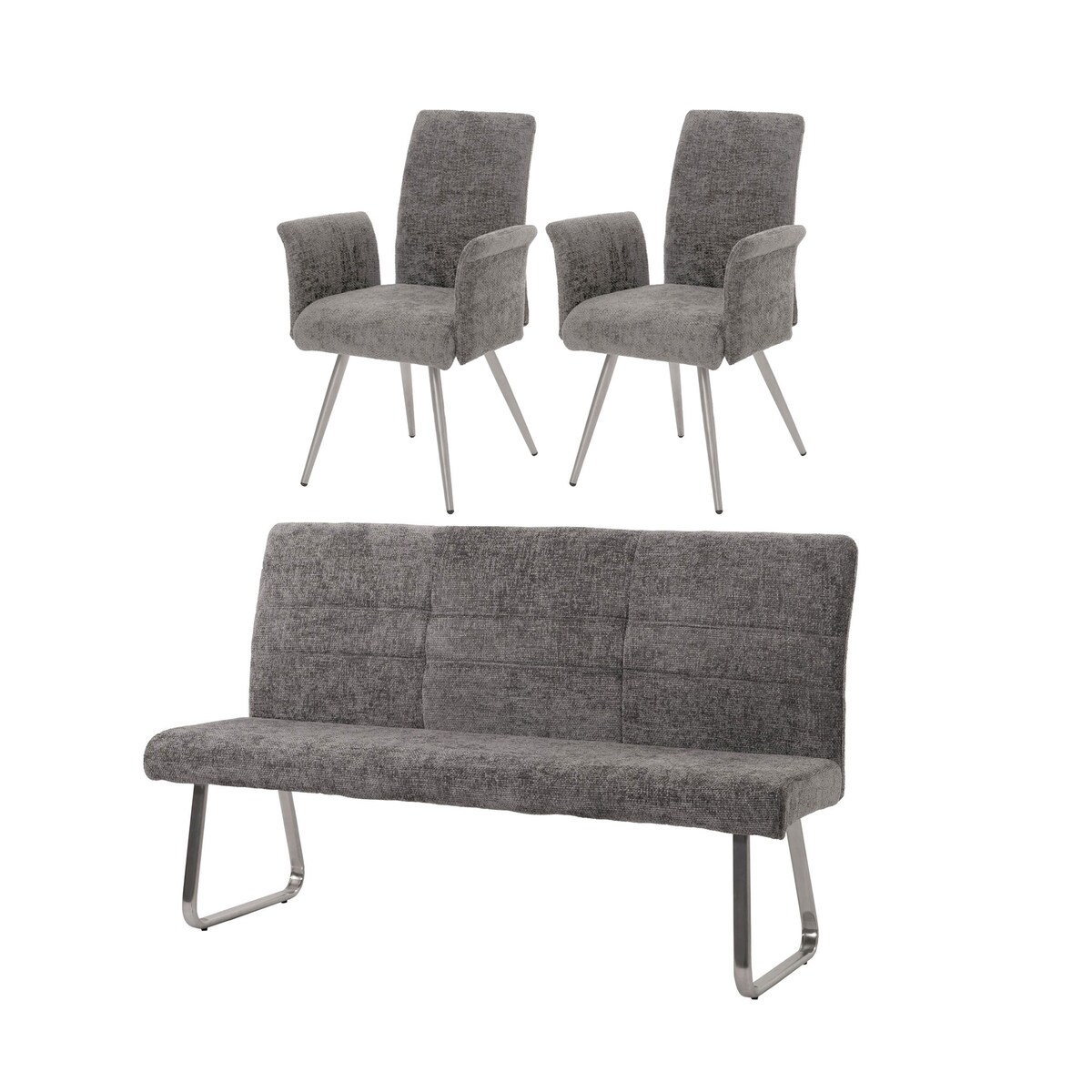 Mendler Esszimmer-Set HWC-G55, 2er-Set Stuhl mit Armlehne+Sitzbank 180cm, Edelstahl gebürstet Stoff/Textil Chenille ~ dunkelgrau