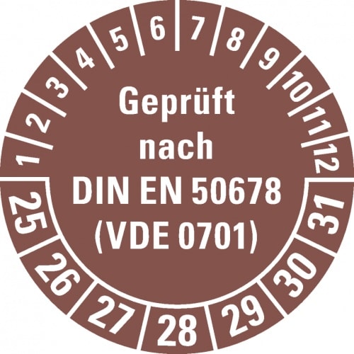 Dreifke® Prüfplakette geprüft nach DIN EN 50678(VDE 0701) 25-31, braun, Dokumentenfolie, Ø 30mm, 108/Heft