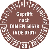 thumbnail of Dreifke® Prüfplakette geprüft nach DIN EN 50678(VDE 0701) 25-31, braun, Dokumentenfolie, Ø 30mm, 108/Heft
