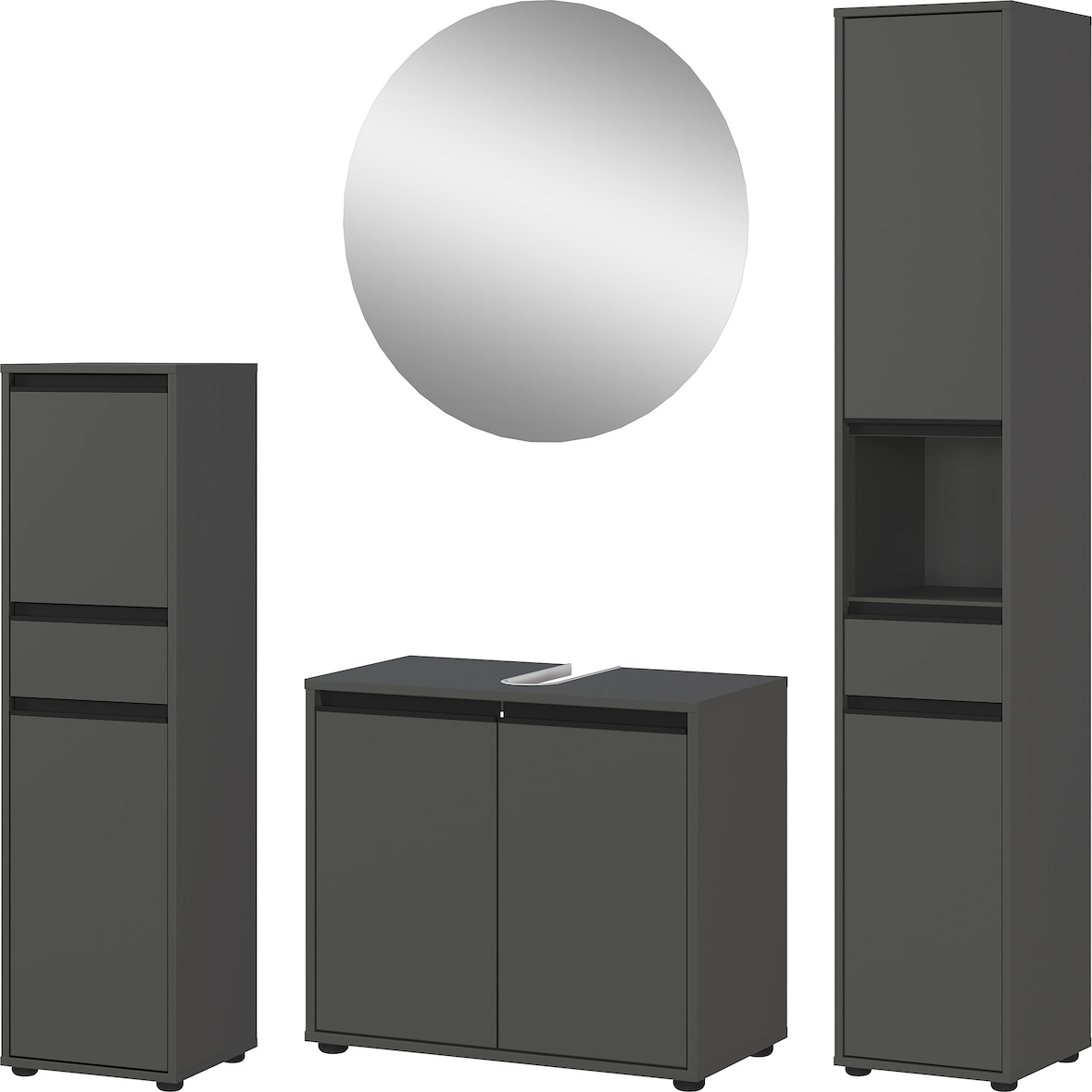 Badmöbel Set 4-tlg Soft-Close | Runder Spiegel, Hochschrank, Unterschrank, Midischrank | Graphit matt | Serie HAMBURG Kadima Design
