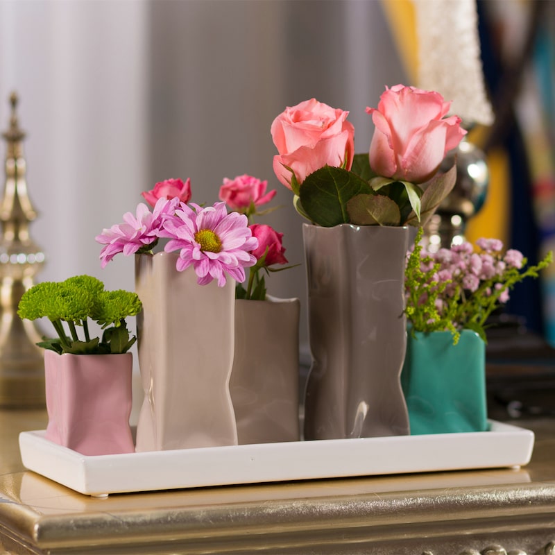 Jinfa Handgefertigte kleine Keramik Deko Blumenvasen Set aus 5 Vasen in bunt
