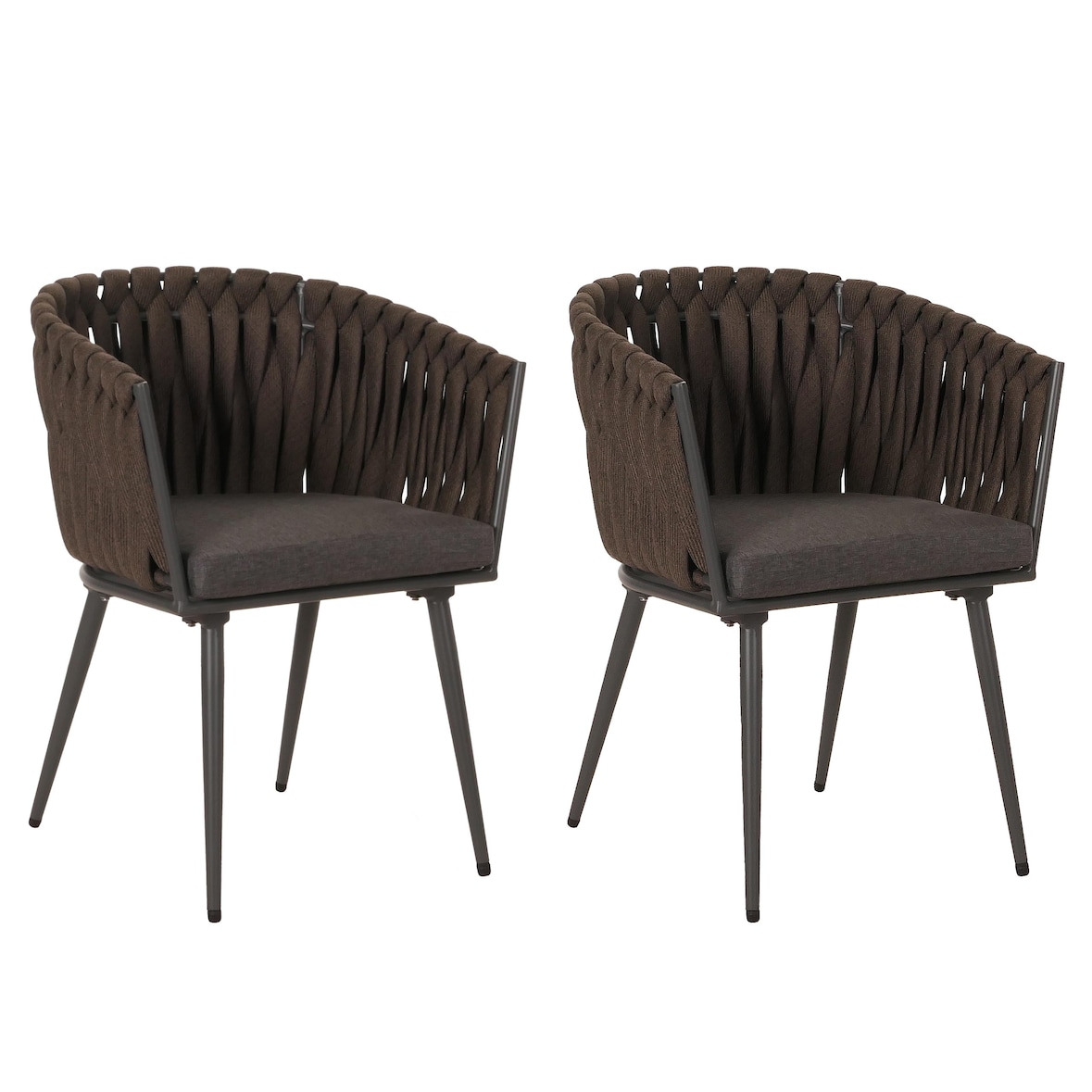 Conjunto de 2 cadeiras de jardim em alumínio HWC-N38, apoio de braço para cadeira de exterior, corda Olefin corda ~ castanho Almofada cinzento escuro