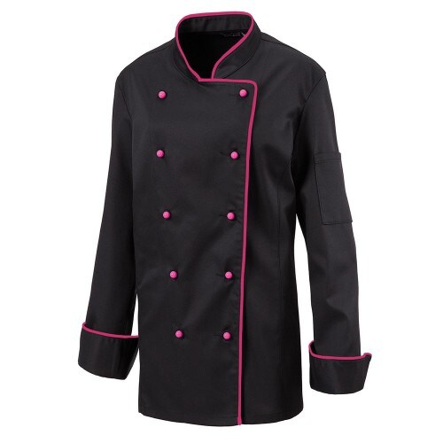 219 - Damenkochjacke langarm, taillert, Fb. schwarz, mit farbiger Paspel : hot pink 65% Polyester 35%Baumwolle 220 g/m² 3XL