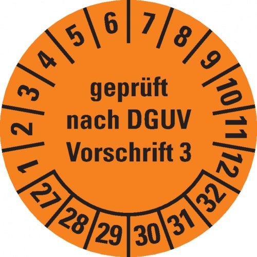 Dreifke® Prüfplakette gepr. DGUV Vorschrift 3,27-32,orange,Folie,ablösbar,Ø 15mm,420/Heft