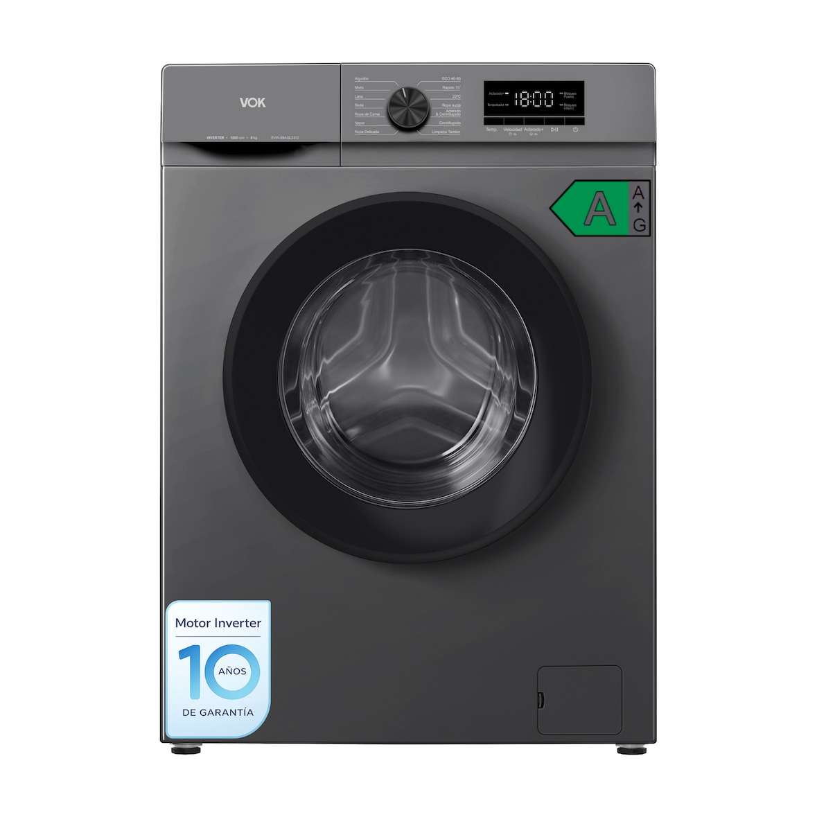 Lavadora 8kg VOK con Instalación Incluida -  Clase A, Motor Inverter Silencioso, Vapor, Al 84 x Pr 49cm, 1200 rpm, 14 Programas, Gris, EVW-8BAGL2412