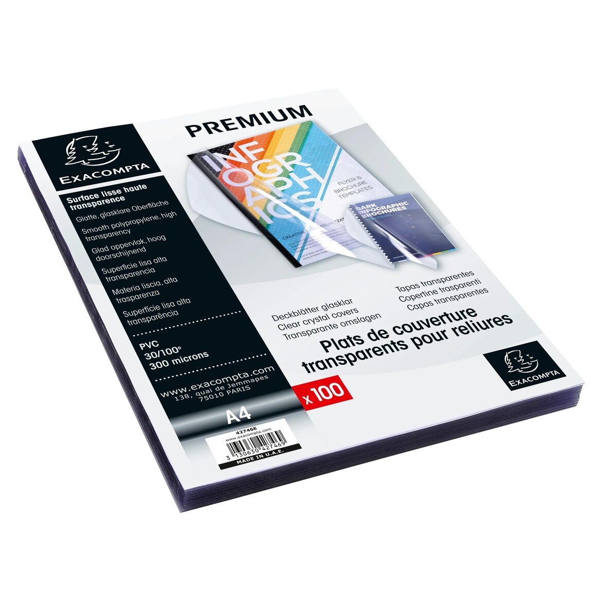 Exacompta 42746E 100er Packung Einbanddeckel aus PVC 300µ, für DIN A4 - Kristall
