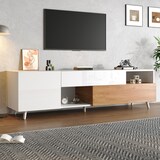 thumbnail of Fernsehschrank Lowboard 180x38x50 cm Weiß und Natur mit 1 Schublade und klappbarer Tür für Fernseher bis 75 Zoll