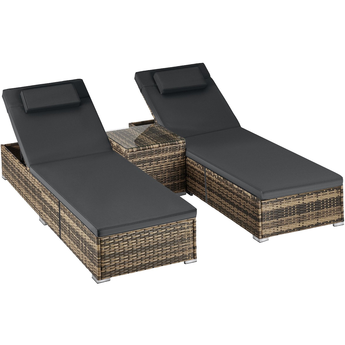 tectake 2 tumbonas de ratán CARBONERA, respaldo ajustable, mesa auxiliar, resistente a intemperie, natural