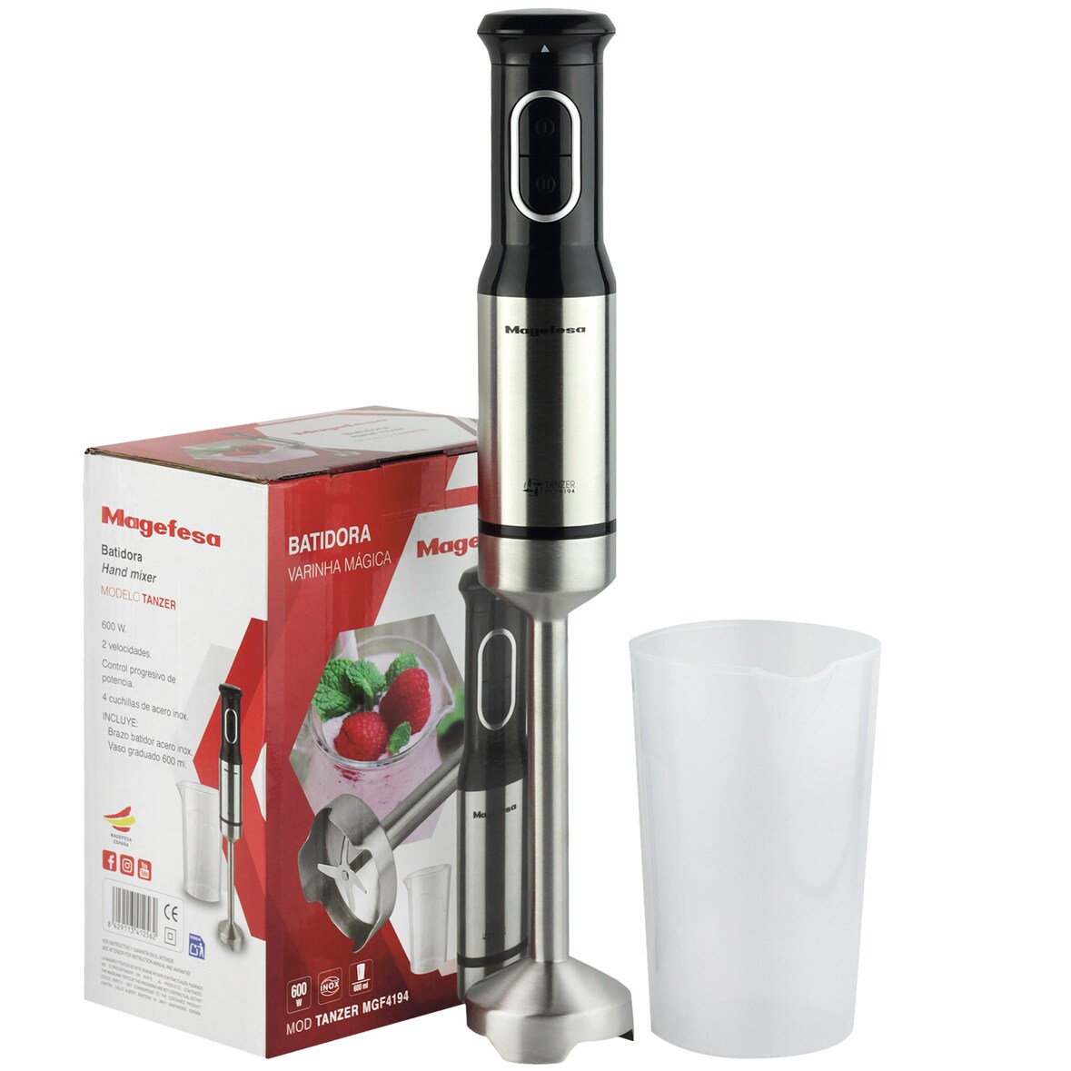 Magefesa Tanzer - Batidora de Mano, 600W, 2 Velocidades, Vaso Graduado de 600ml, 4 Cuchillas de Acero Inoxidable, Control de Potencia, Modo Turbo