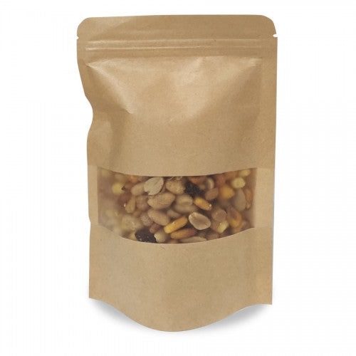 Bolsa de papel plastificado Doypack Kraft, con ventana 12x20x6 cm. Paquete 100 Uds.