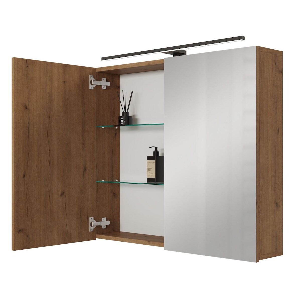 Planetmöbel ARIA Spiegelschrank 80 cm Gold Eiche mit schwarzer LED-Leuchte und Steckdosenbox 230 V