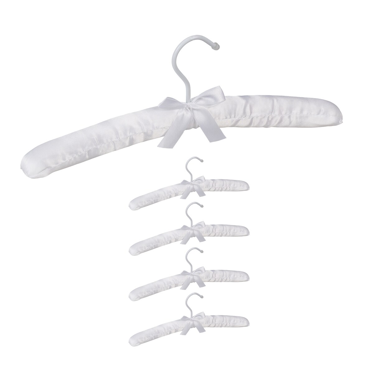 Relaxdays Kleiderbügel Satin, 5er Pack, weich gepolstert, 360° drehbarer Haken, dekorative Schleife, 38 cm breit, weiß