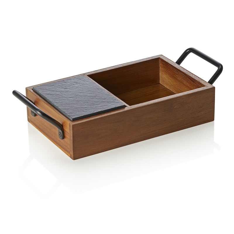 Naturschieferplatten Set Slate & Serve, 24 x 15 x 5,5 cm, 3 Schieferplatten und Brot- und Butterkorb, Akazienholz, Schiefer