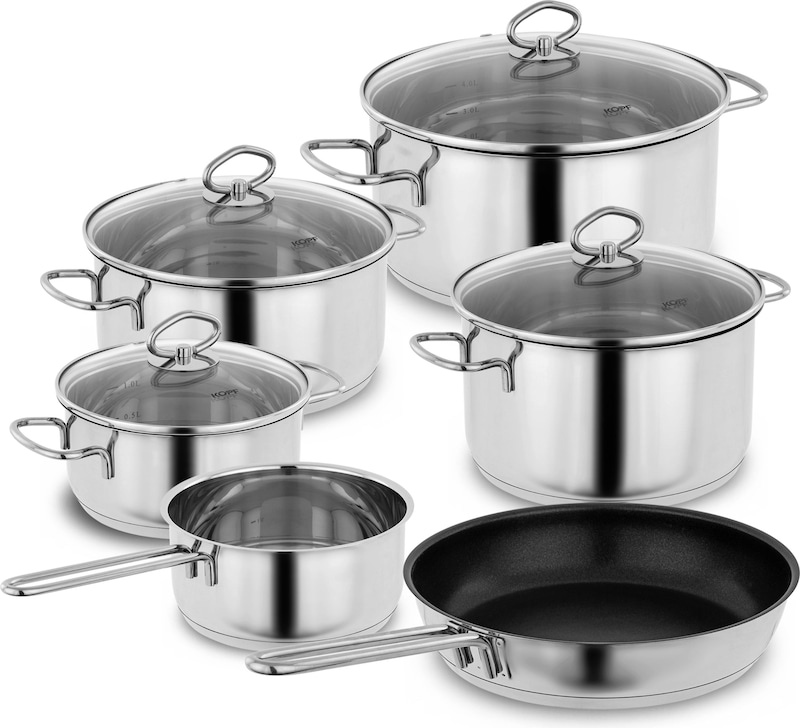 Kopf Topfset Merkur aus Edelstahl - Induktionstöpfe mit Schüttrand, Literskala und Glasdeckel – 6-teilig