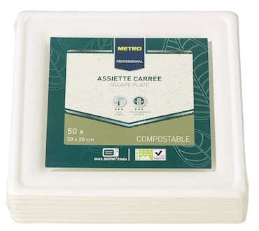 METRO Professional Prato de bagaço descartável, 20 x 20 cm, sustentável, compostável, quadrado, branco, 50 unidades
