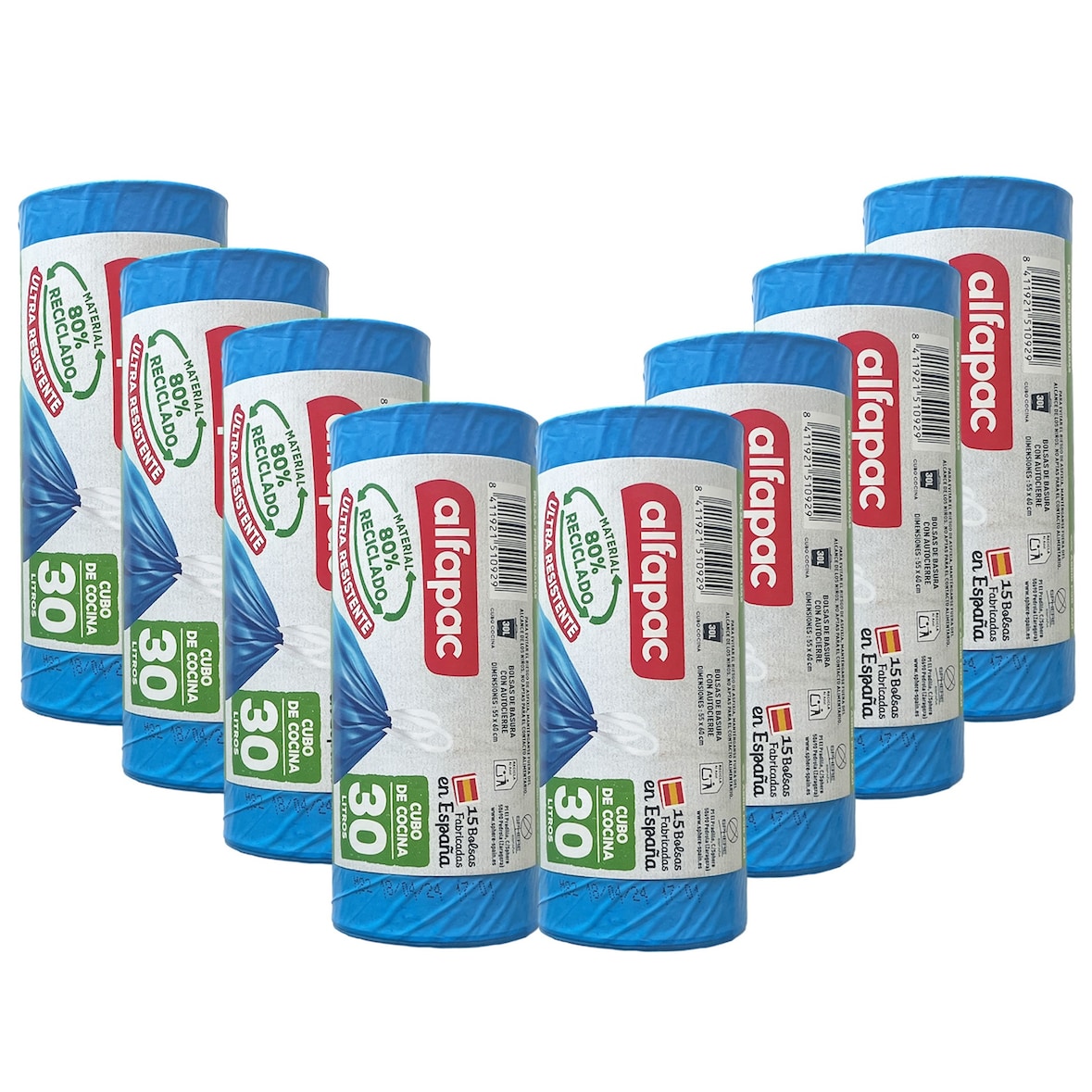 Alfapac - Müllbeutel 30L 55x60cm mit Selbstverschluss, 8 Rollen x 15 Stück (80% Recycelt)