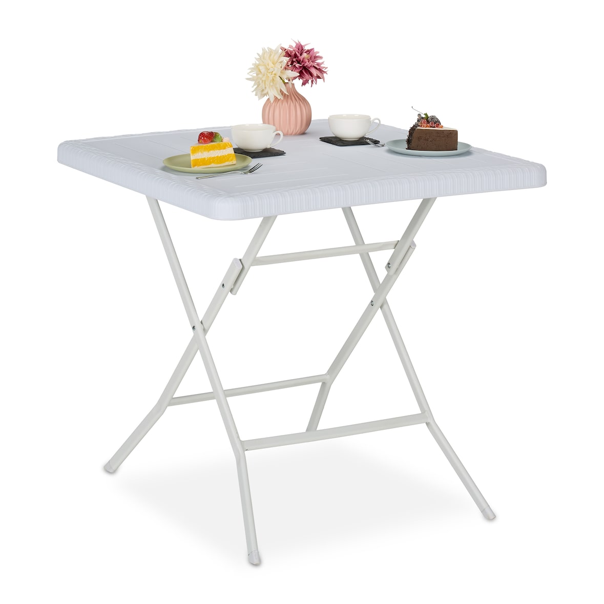 Relaxdays Gartentisch Holz-Optik, quadratisch, HBT: 74x78x78 cm, Balkontisch, Kunststoff, Metall, Outdoortisch, weiß